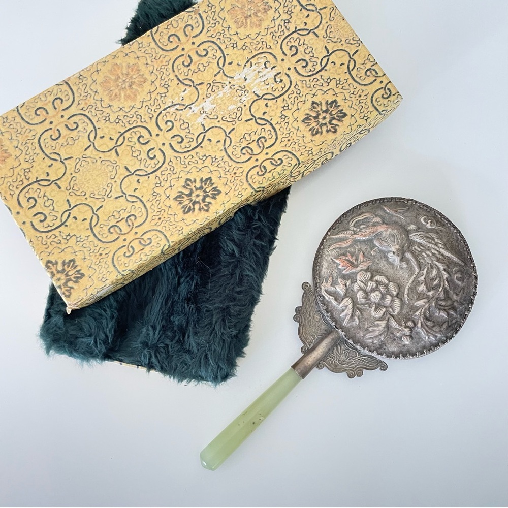 Vintage hand held vanity mirror jade handle silver tone birds floral metal
